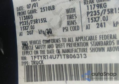 2001 Ford Ranger Xlt/Xlt App/Xlt Appearance/Edge/Edge Plus/Xl z USA, uszkodzony, nr VIN 1FTYR14U71TB06313